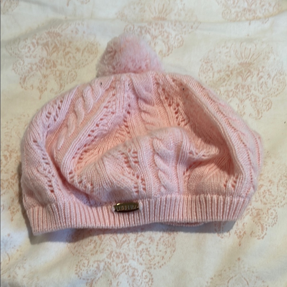 Pink Cable Knit Beanie Hat with Ribbed Band